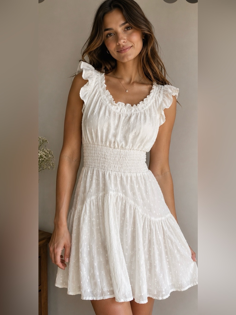 Smocked Waist Ruffle Midi Dress in White